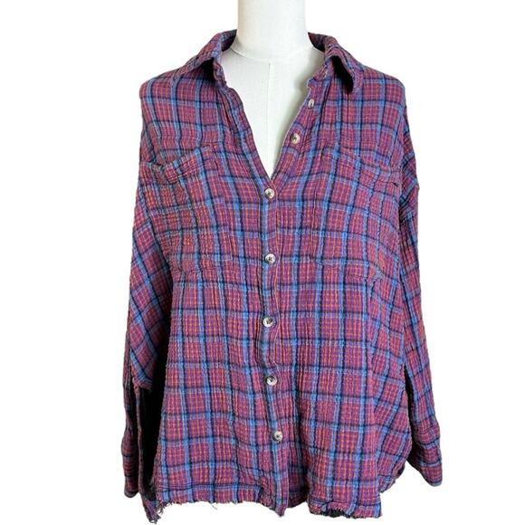 Free People Oversized Bohemian Grunge Fall Cardiff Plaid Swing Top Shirt Medium - Picture 10 of 14